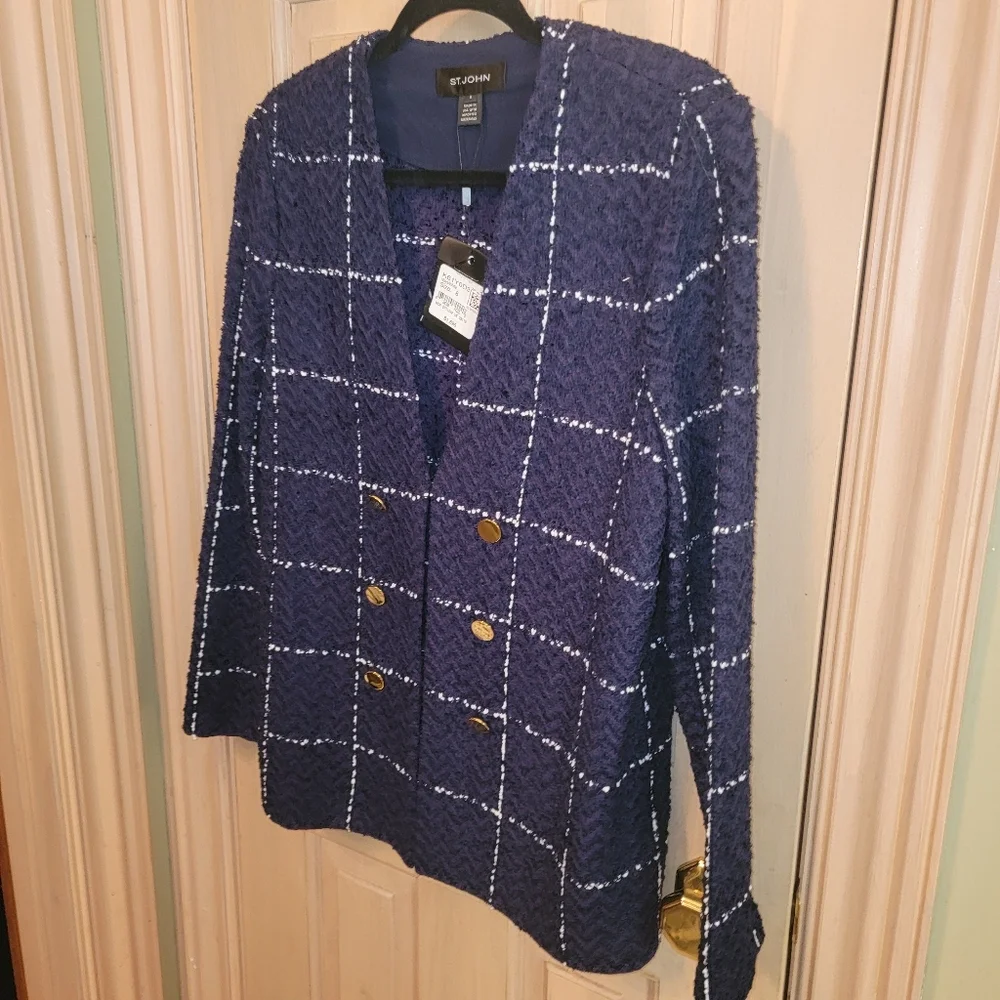 NWT St. John Sz 8 Herringbone Grid knit Double Breasted Jacket Navy/White Luxury - Picture 2 of 9